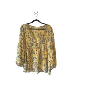 NWT MAX STUDIO Yellow Floral Print V Neck Long Sleeve Tunic Blouse Women OS